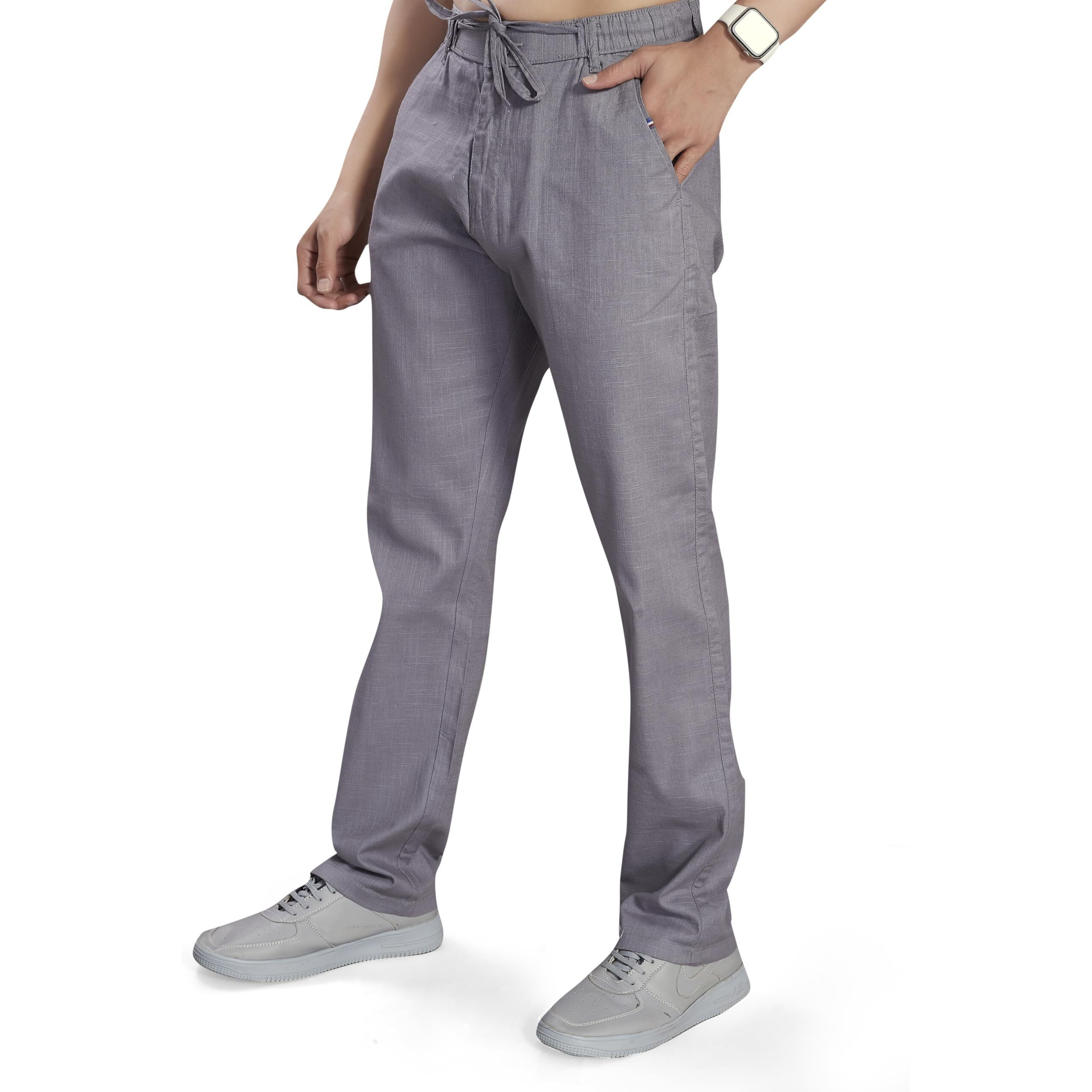 Divisive Men's Relaxed Fit Cotton Linen Blend Trousers (Dpt73_32_Dark Grey)