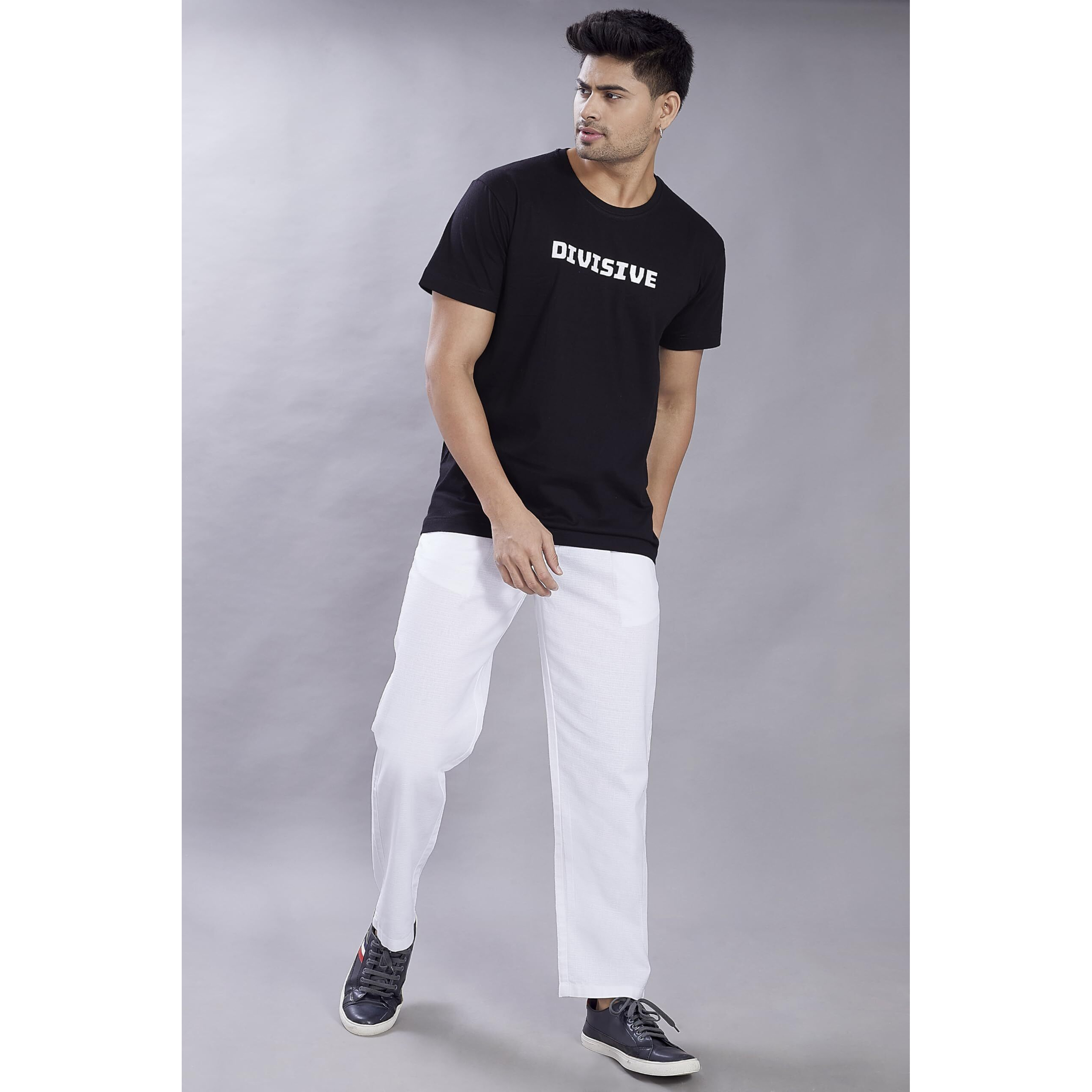 Divisive Men's Relaxed Fit Front Pleated Cotton Linen Blend Trousers (Dpt31_30_White)