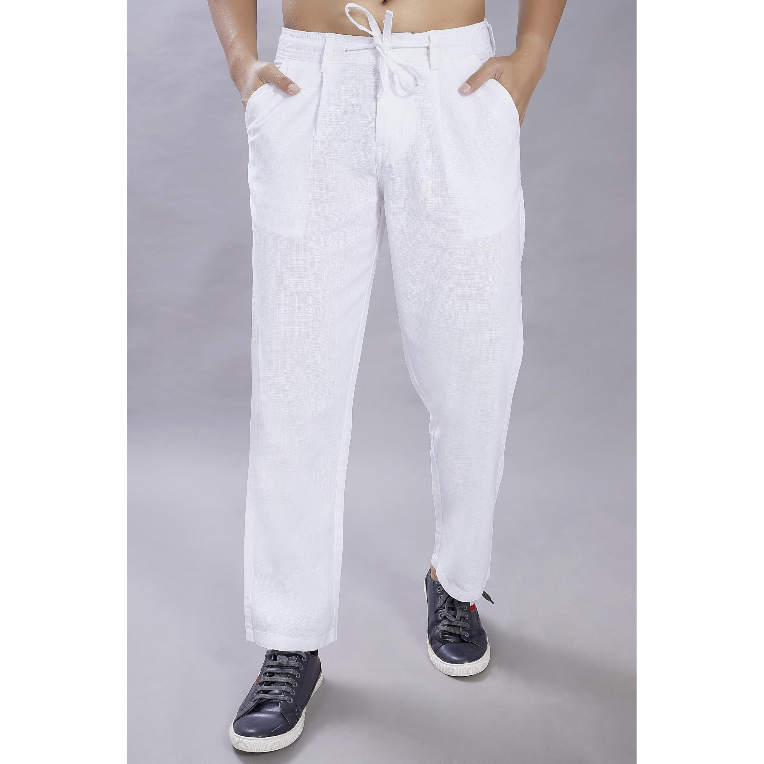 Divisive Men's Relaxed Fit Front Pleated Cotton Linen Blend Trousers (Dpt31_30_White)