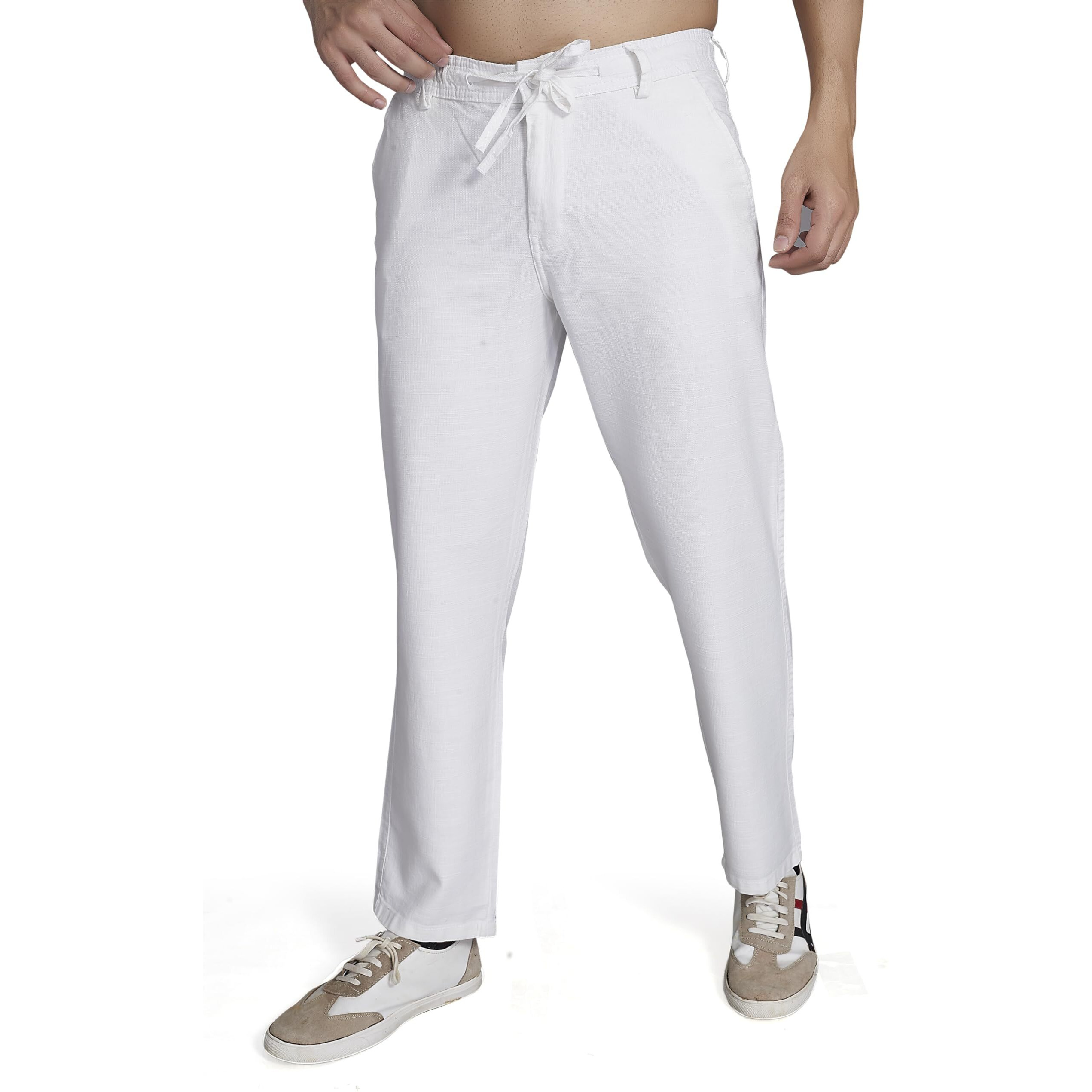 Divisive Men's Relaxed Fit Cotton Linen Blend Trousers (Dpt51_34_White)