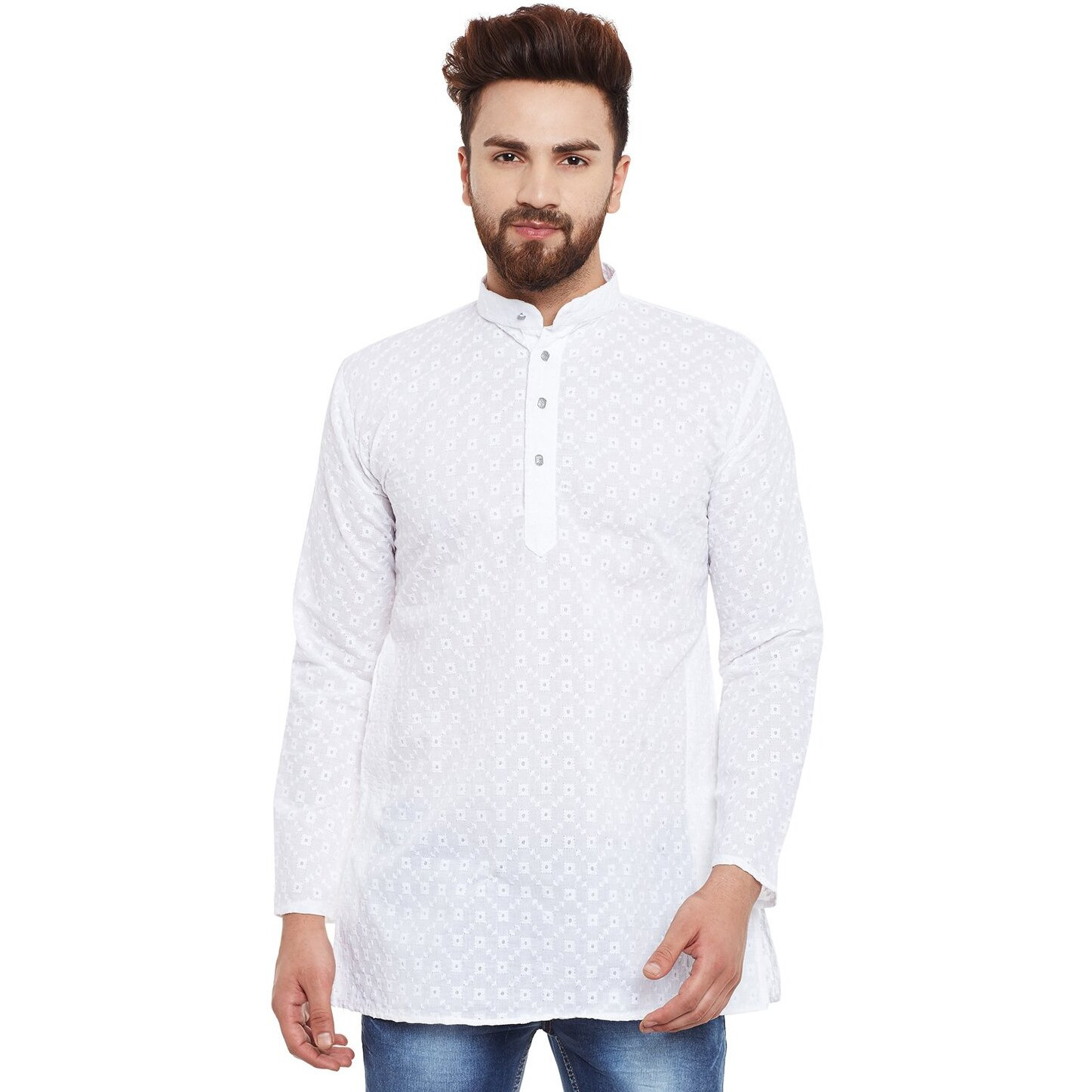 Sojanya (Since 1958 Men's White Pure Chicken Cotton Short Kurta, Size Xxl