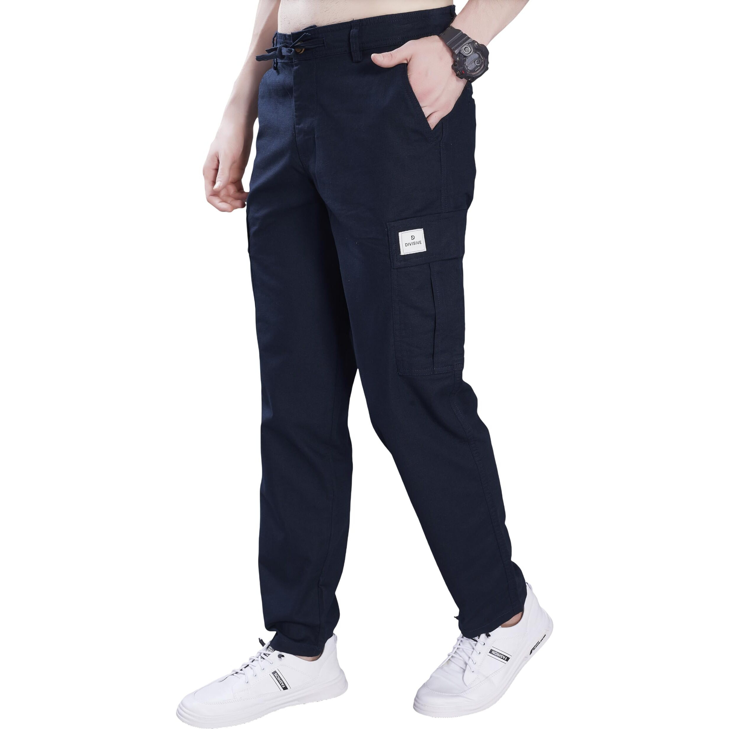Divisive Men's Loose Fit Linen Blend Cotton Cargo Pants (Dcr252_30_Navy)
