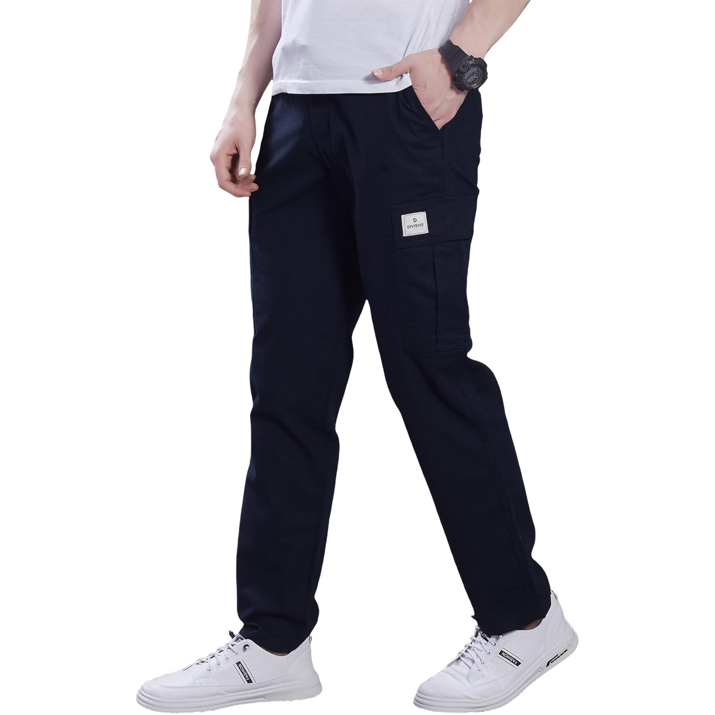 Divisive Men's Loose Fit Linen Blend Cotton Cargo Pants (Dcr252_30_Navy)