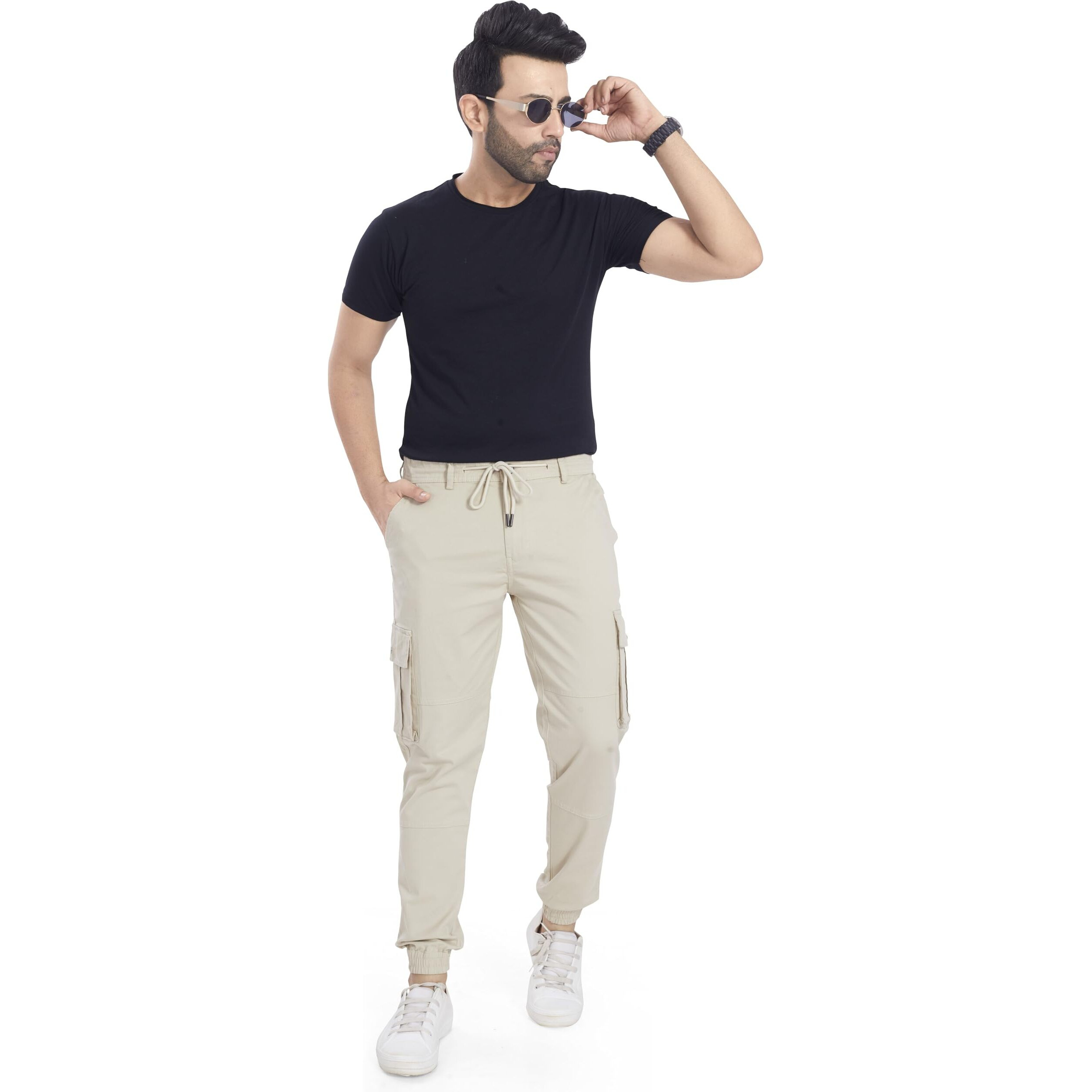 Divisive Men's Cotton Cargo Joggers Pants (Dcr121_34_Ecru)