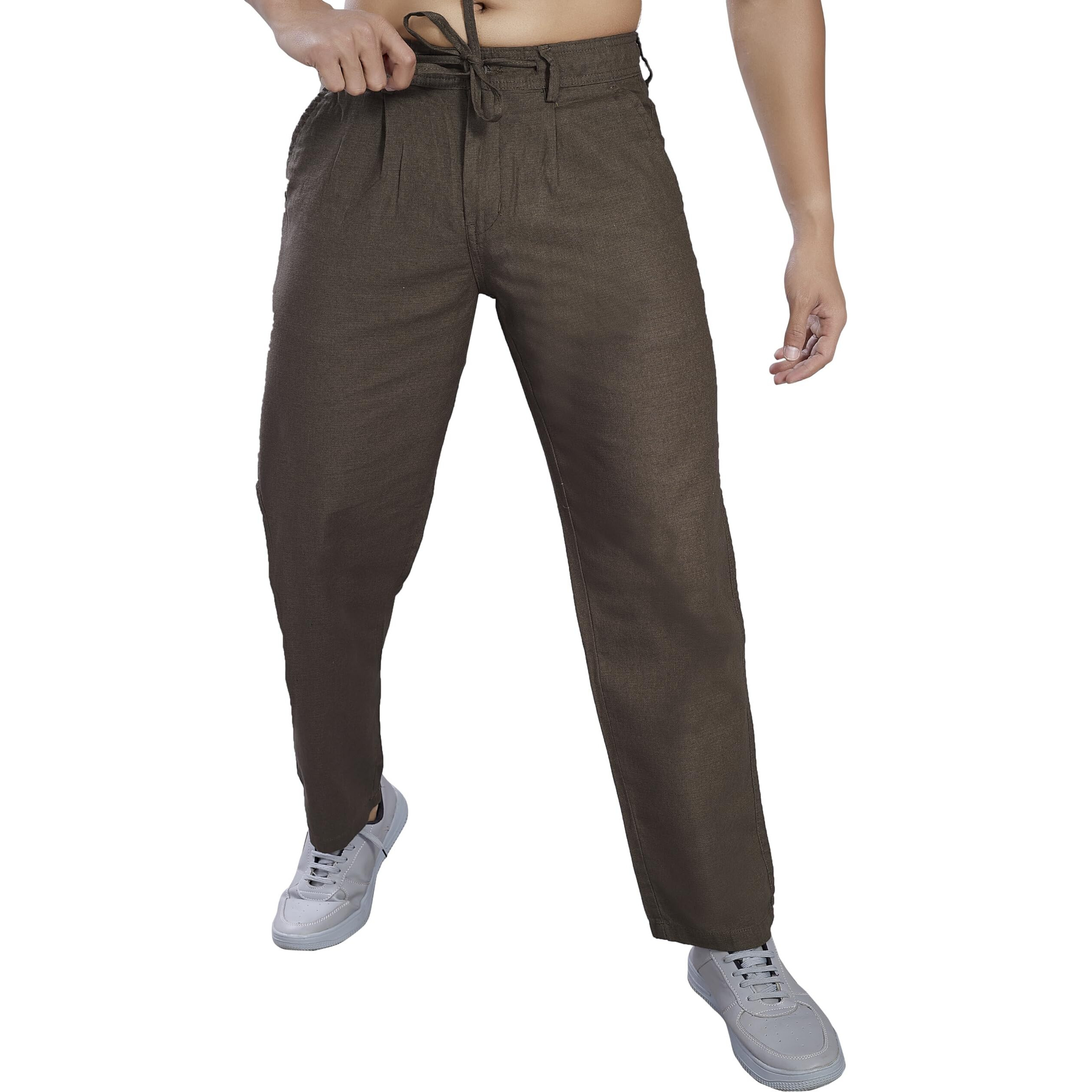 Divisive Men's Relaxed Fit Front Pleated Cotton Linen Blend Trousers (Dpt39_32_Taupe)