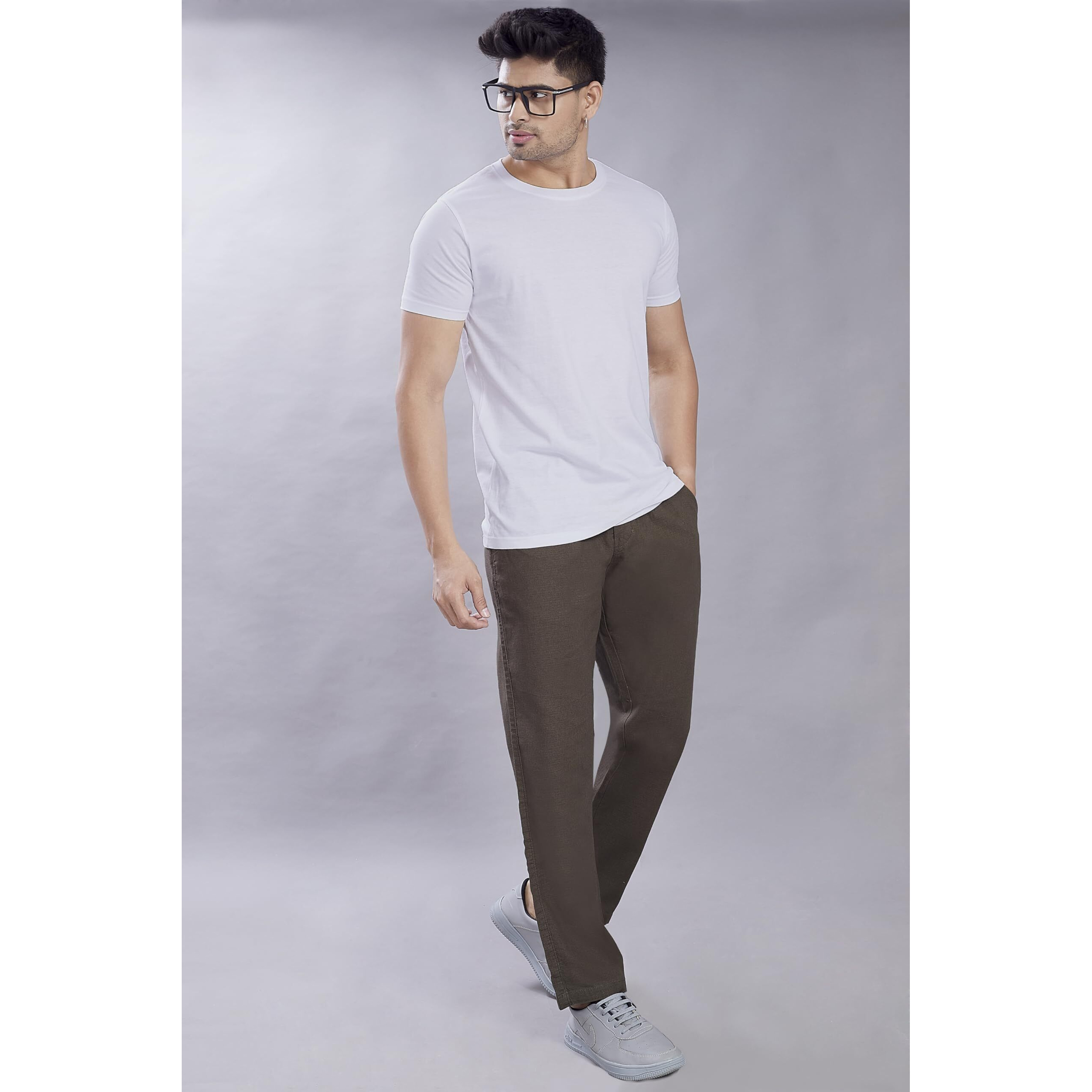Divisive Men's Relaxed Fit Front Pleated Cotton Linen Blend Trousers (Dpt39_32_Taupe)