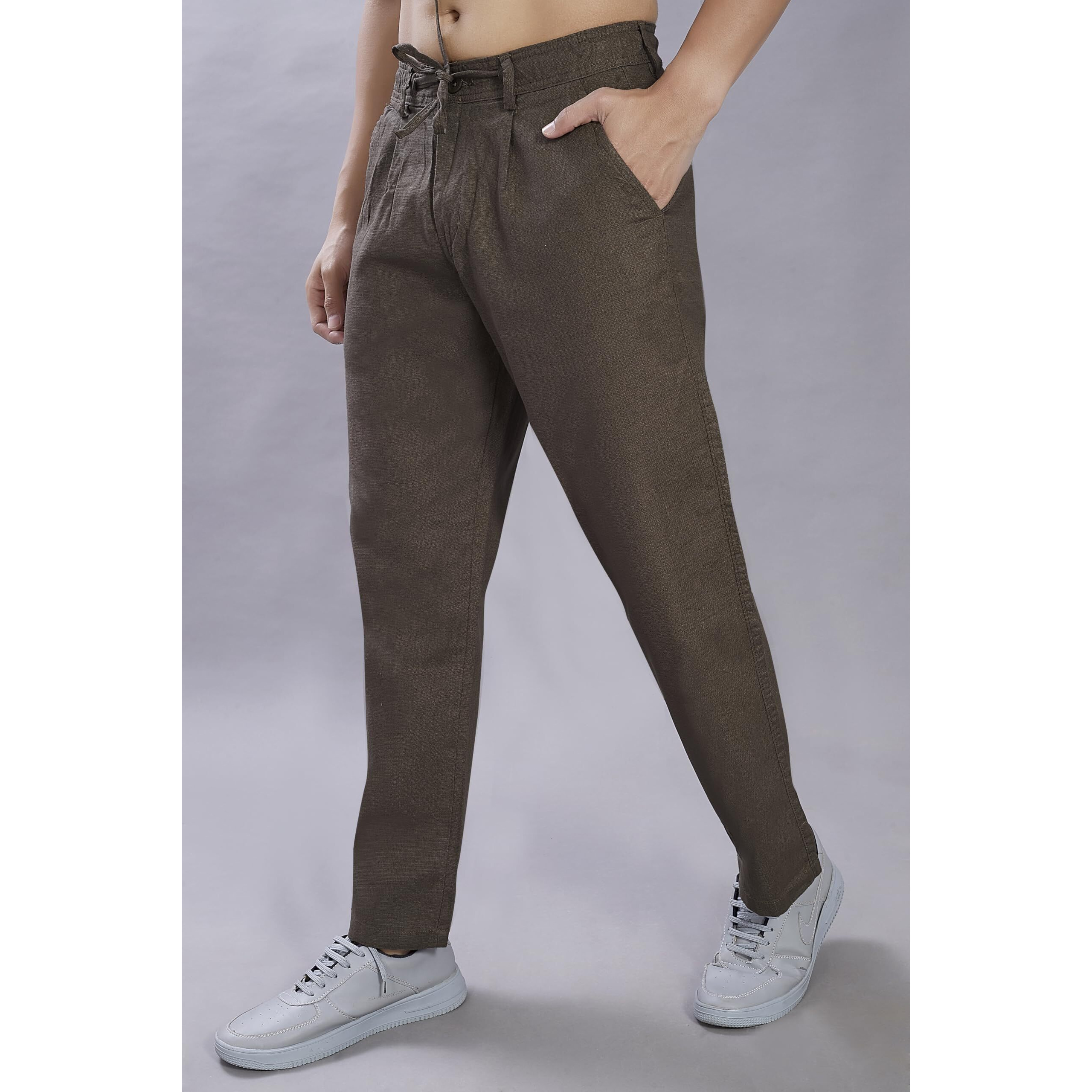Divisive Men's Relaxed Fit Front Pleated Cotton Linen Blend Trousers (Dpt39_32_Taupe)