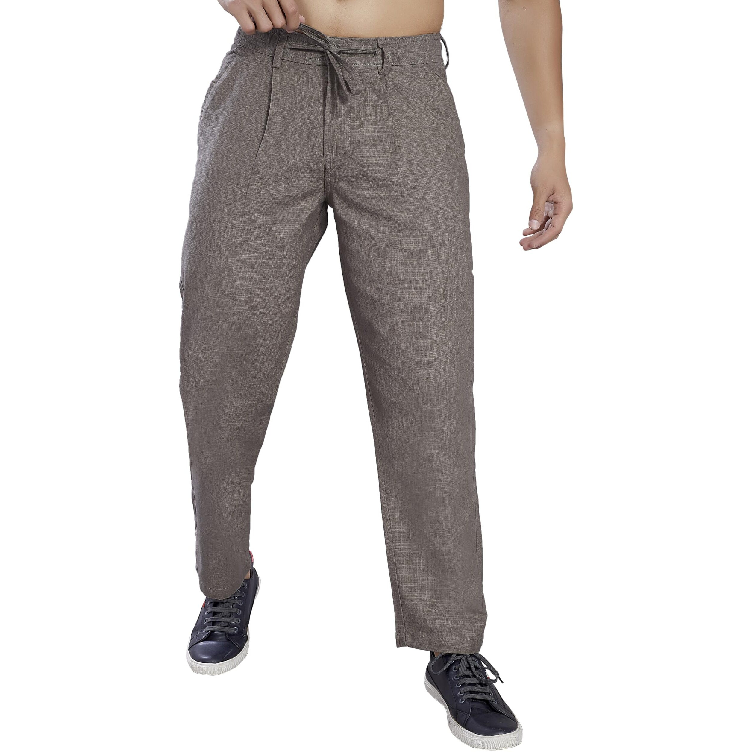 Divisive Men's Relaxed Fit Front Pleated Cotton Linen Blend Trousers (Dpt40_38_Stone Grey)