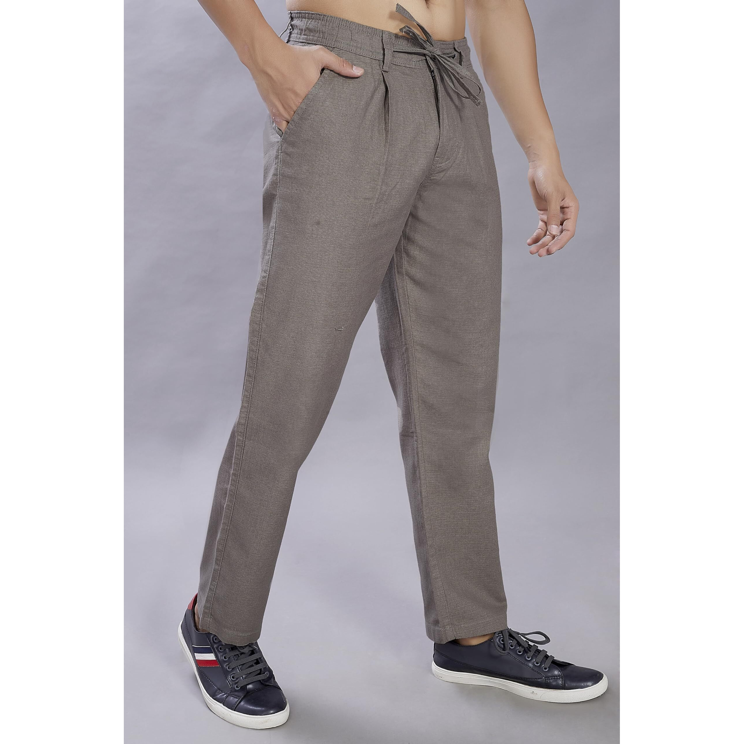 Divisive Men's Relaxed Fit Front Pleated Cotton Linen Blend Trousers (Dpt40_38_Stone Grey)