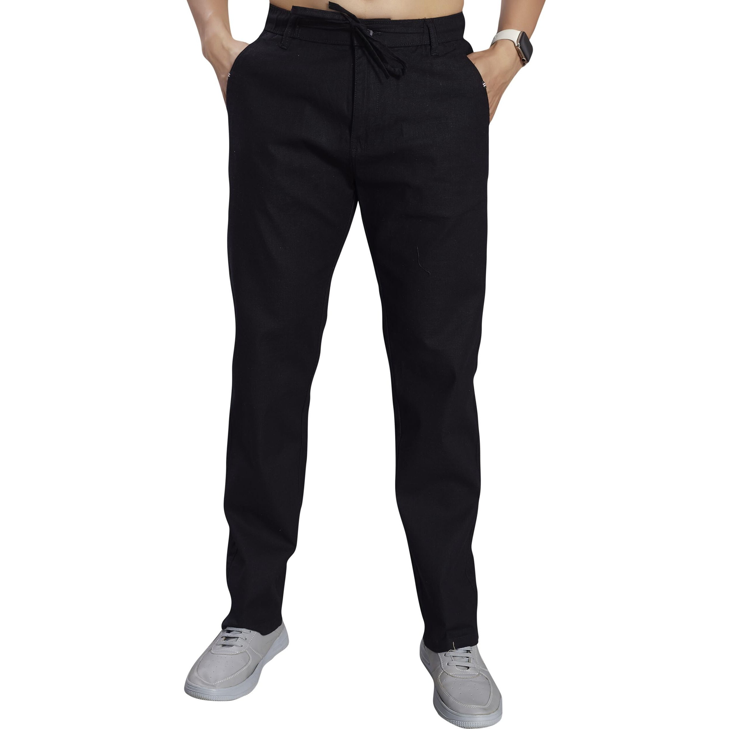 Divisive Men's Relaxed Fit Cotton Linen Blend Trousers (Dpt72_36_Black)