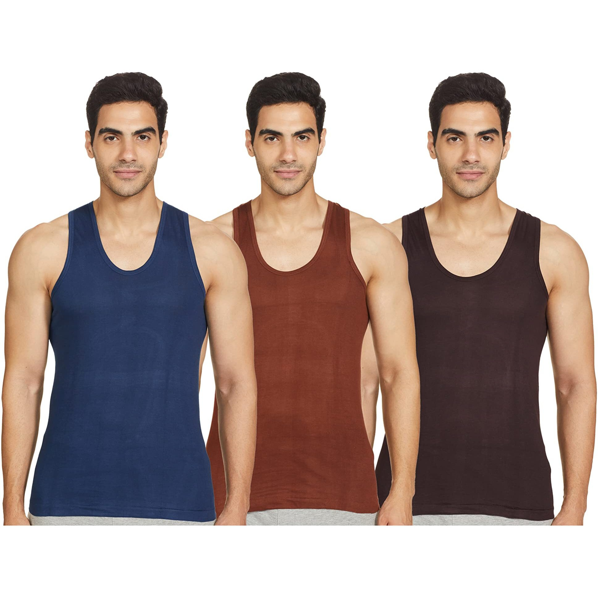 Rupa Jon Sleeveless Vest For Men, 100% Cotton Fabric, Round Neck, Pack Of 3 Assorted