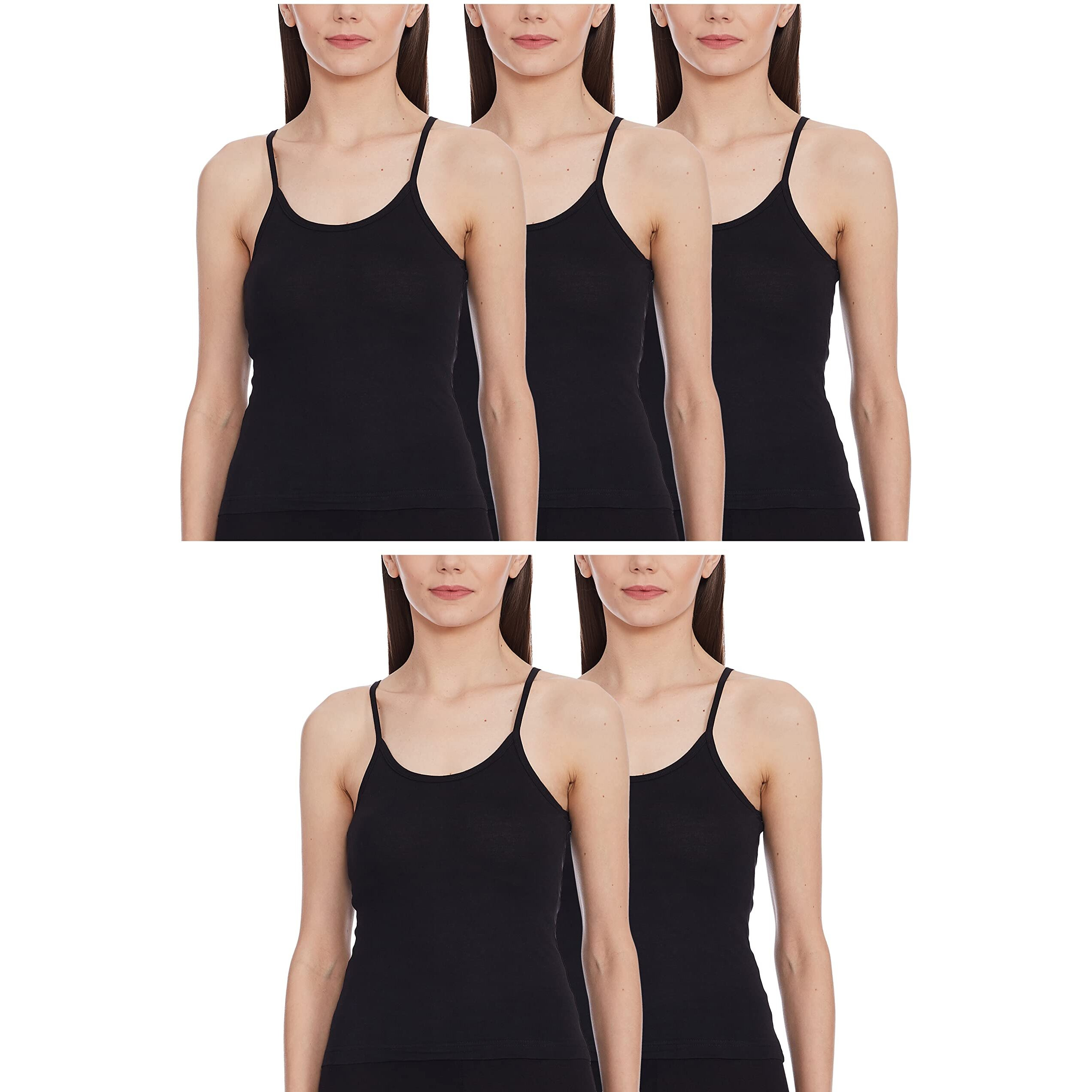Rupa Softline Women Super Combed Cotton Regular Fit Black Camisole, Under-Shirt , Stretchable And Body-Hugging ,Pack Of 5