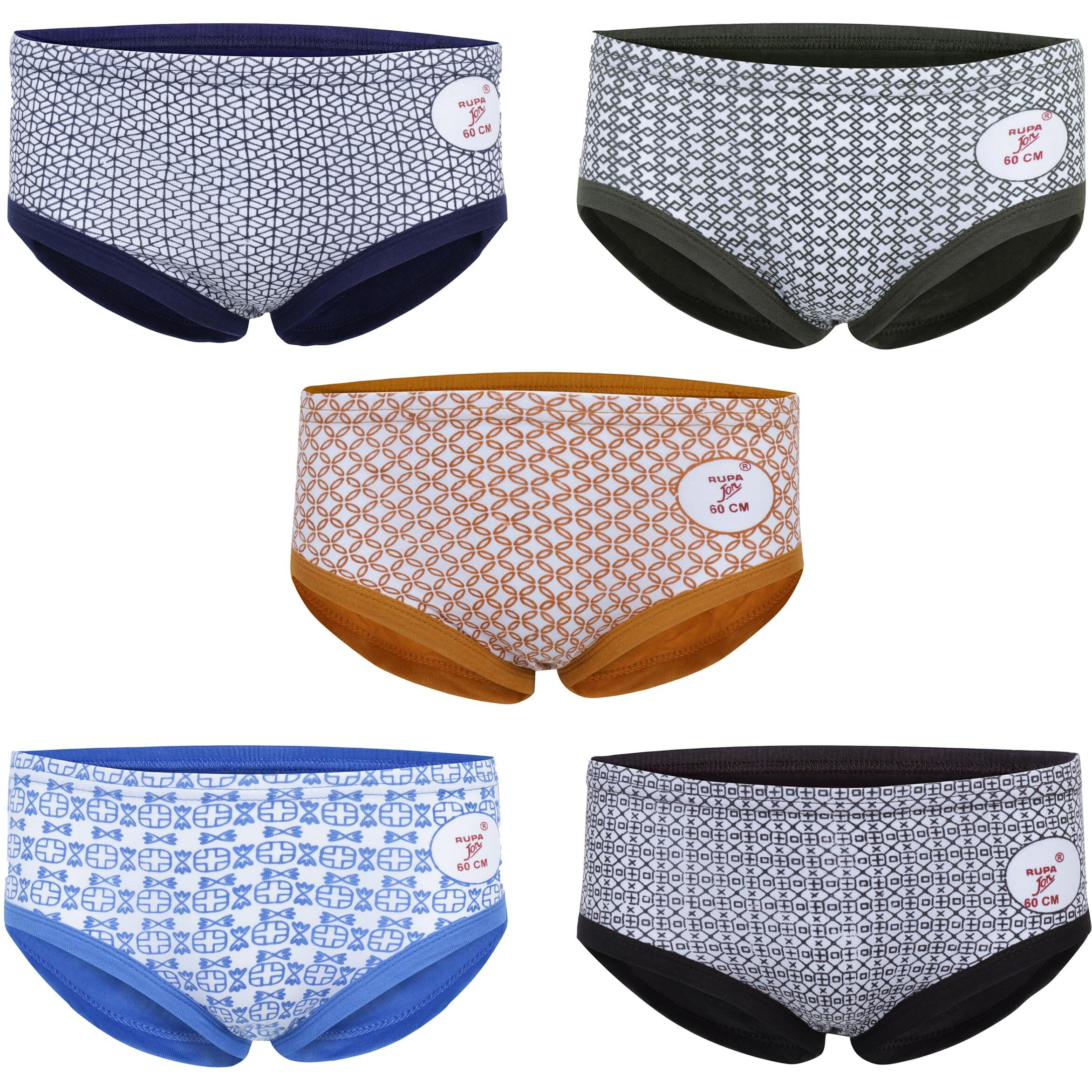 Rupa Jon Printed Brief For Boys, 100% Cotton Fabric, Regular Fit, Pack Of 5 Assorted