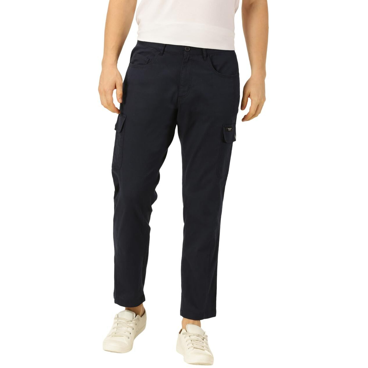 Thomas Scott Men Navy Smart Slim Fit Cotton Linen Cargo Trousers (Navy, 32)