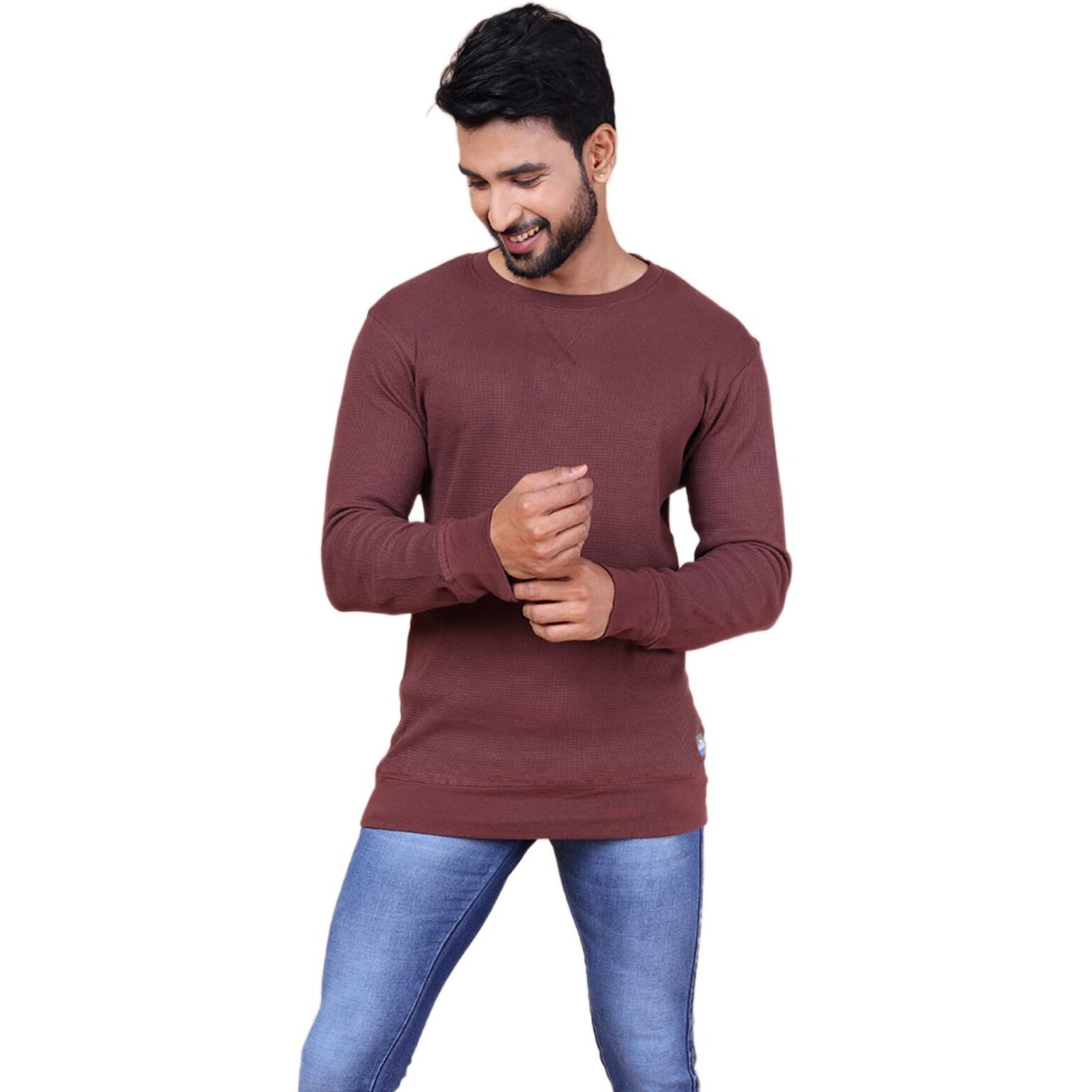 Colors Waffle Texture Full Sleeve T-Shirt For Men - 100% Cotton, Ribbed Crew Neck, Breathable Fabric, Enhanced Texture, Super Stretchable, Label-Free Comfort, Anti-Fungal Dye. Pack Of 1 Stone Brown