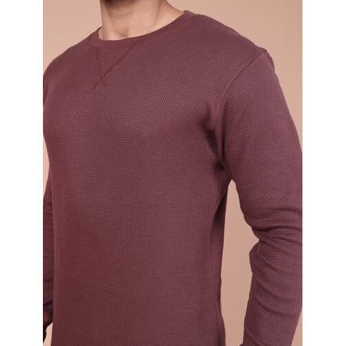 Colors Waffle Texture Full Sleeve T-Shirt For Men - 100% Cotton, Ribbed Crew Neck, Breathable Fabric, Enhanced Texture, Super Stretchable, Label-Free Comfort, Anti-Fungal Dye. Pack Of 1 Stone Brown