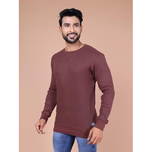 Colors Waffle Texture Full Sleeve T-Shirt For Men - 100% Cotton, Ribbed Crew Neck, Breathable Fabric, Enhanced Texture, Super Stretchable, Label-Free Comfort, Anti-Fungal Dye. Pack Of 1 Stone Brown