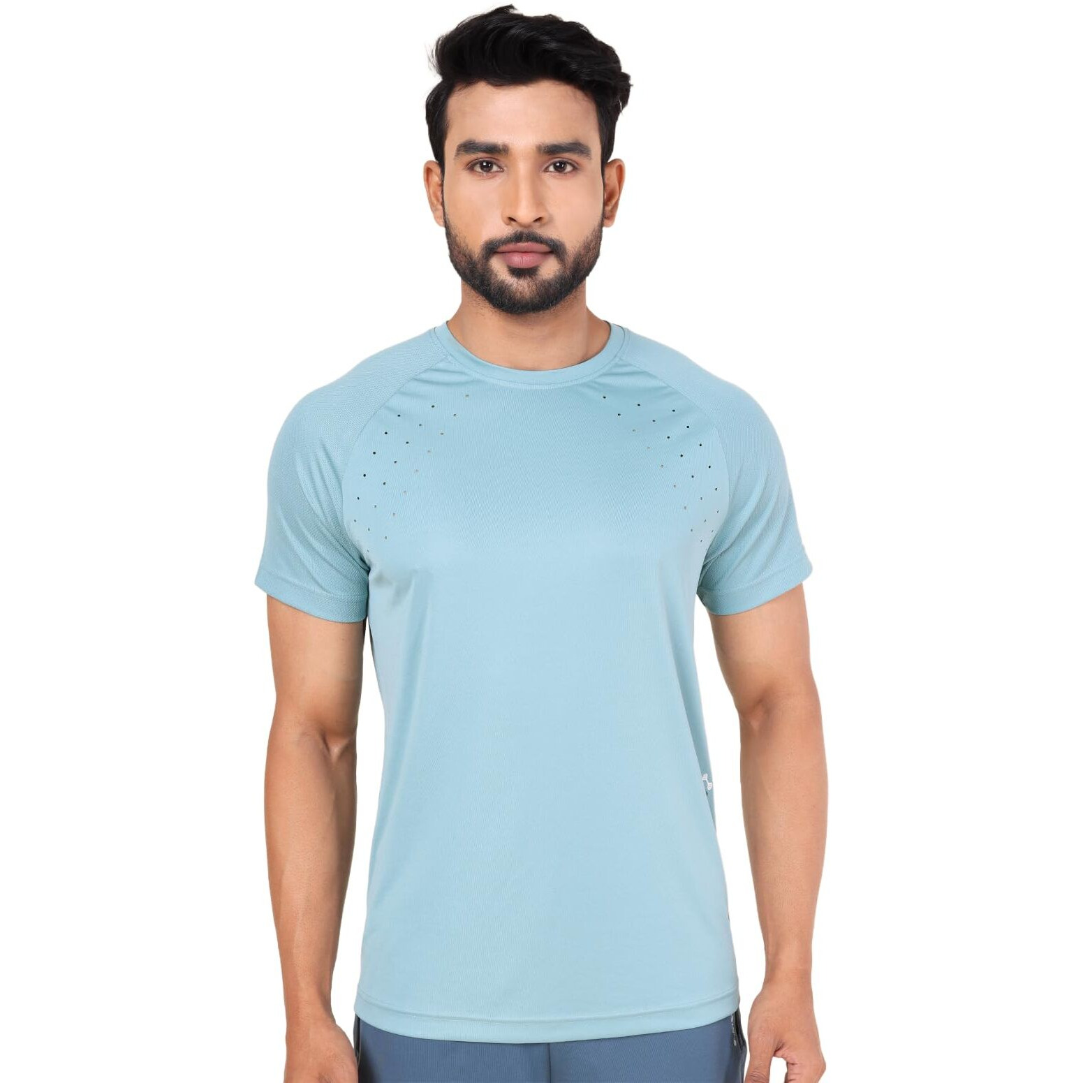 Rupa Colors Mens Playsure Dry Fit Raglan Sleeve Activewear Round Neck T-Shirt | 100% Polyester Fabric | Laser-Cut Chest | Reflective Design | Regular Fit Mineral Green