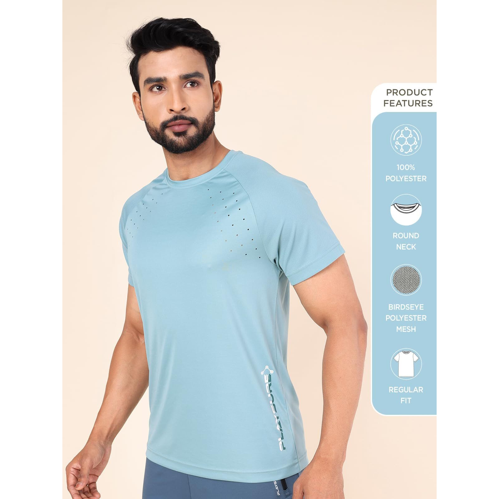 Rupa Colors Mens Playsure Dry Fit Raglan Sleeve Activewear Round Neck T-Shirt | 100% Polyester Fabric | Laser-Cut Chest | Reflective Design | Regular Fit Mineral Green