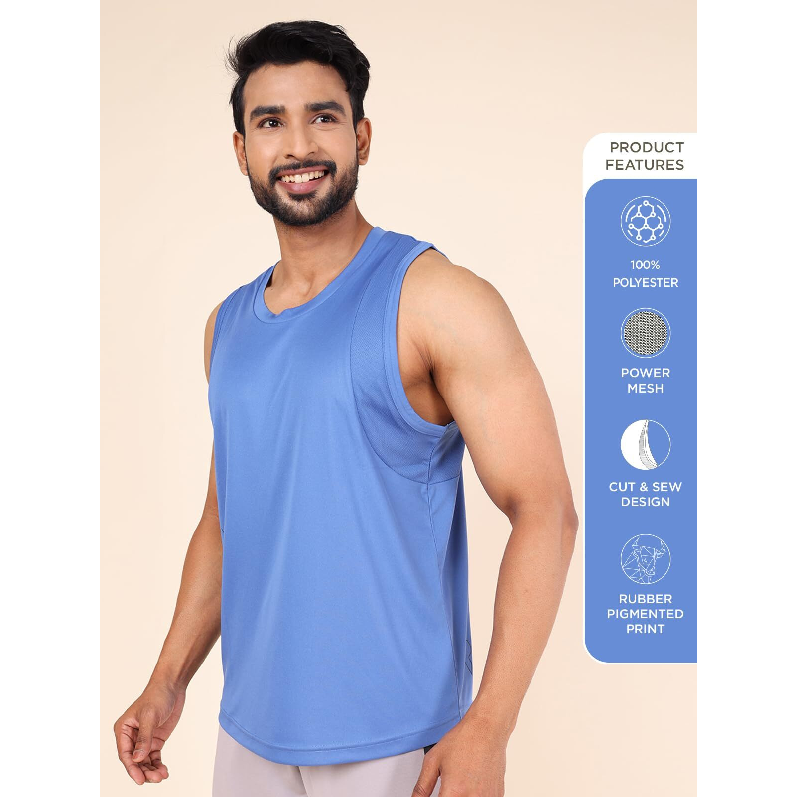 Rupa Colors Mens Playsure Dry Fit Activewear Tank Top | 100% Polyester Fabric | Power Mesh Armholes | Cut-Sew Design Colony Blue