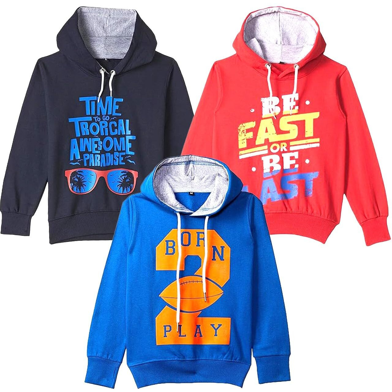 T2F Boy's Cotton Neck Hooded Sweatshirt (Bys-Ss-Po3-01_Red+Navy+Royal Blue_3 4 Years)