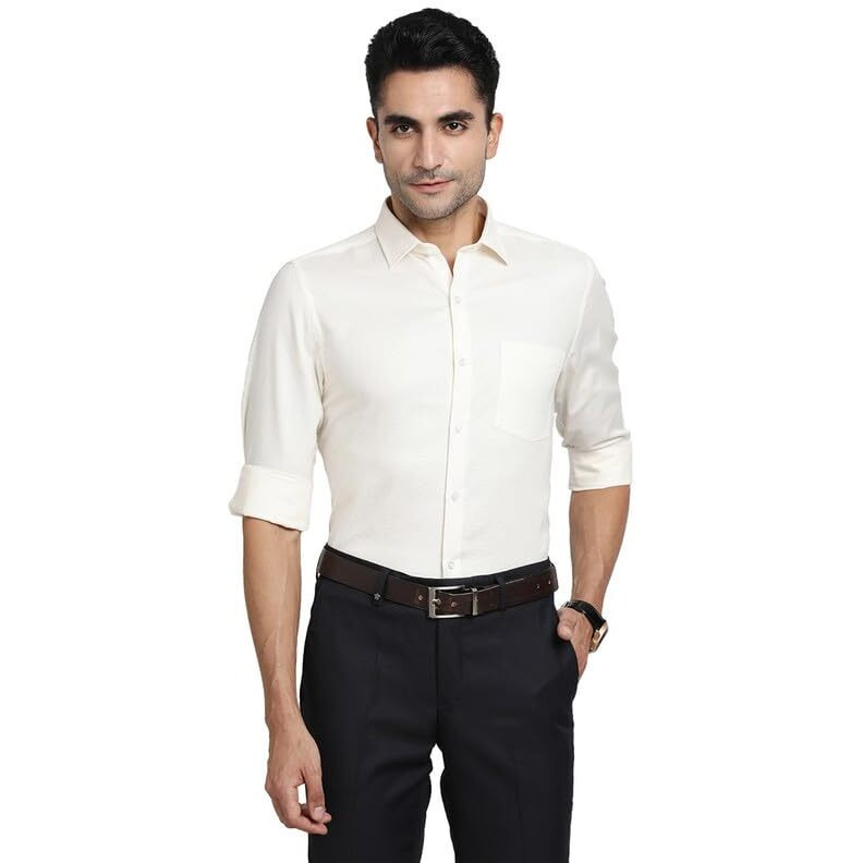 Turtle Men 100% Cotton Cream Dobby Slim Fit Full Sleeve Formal Shirt