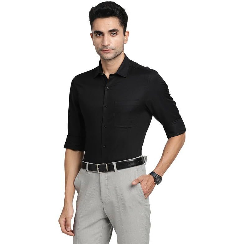Turtle Men 100% Cotton Black Dobby Slim Fit Full Sleeve Formal Shirt