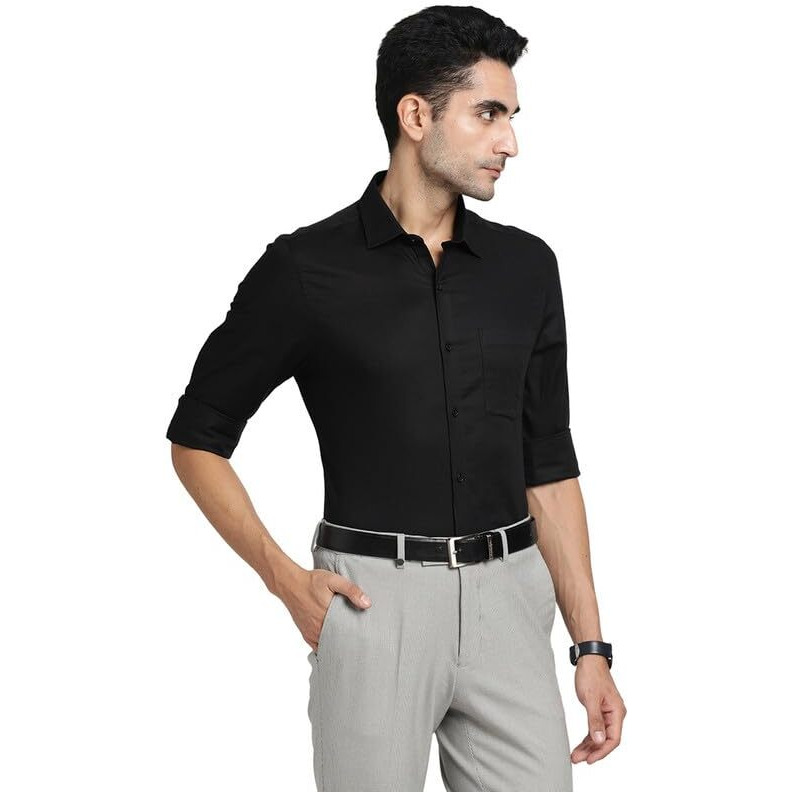 Turtle Men 100% Cotton Black Dobby Slim Fit Full Sleeve Formal Shirt