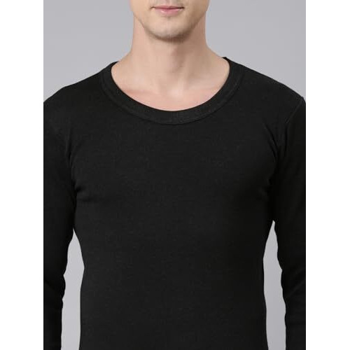 Rupa Jon Solid Thermal Top For Men, Cotton Fabric, Round Neck, Full Sleeves, Regular Fit Black