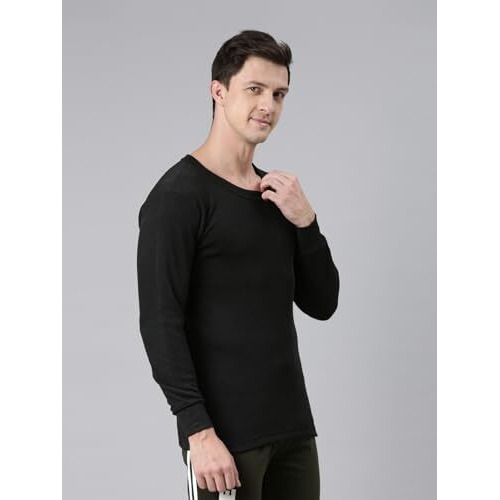 Rupa Jon Solid Thermal Top For Men, Cotton Fabric, Round Neck, Full Sleeves, Regular Fit Black