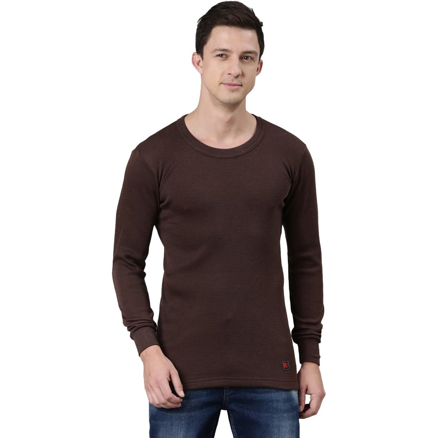 Rupa Jon Solid Thermal Top For Men, Cotton Fabric, Round Neck, Full Sleeves, Regular Fit Brown