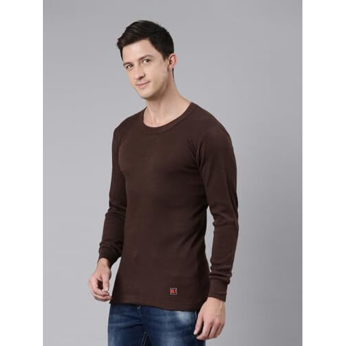 Rupa Jon Solid Thermal Top For Men, Cotton Fabric, Round Neck, Full Sleeves, Regular Fit Brown