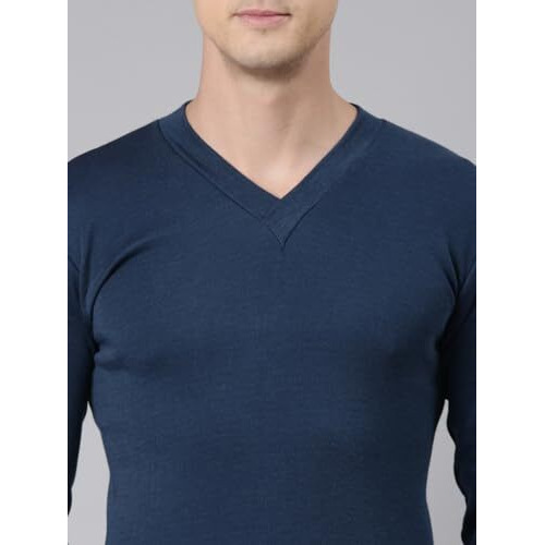 Rupa Jon Solid Thermal Top For Men, Cotton Fabric, V-Neck, Full Sleeves, Regular Fit Blue