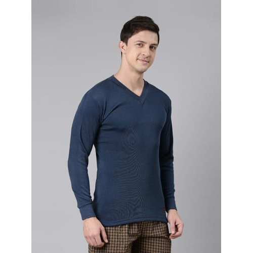 Rupa Jon Solid Thermal Top For Men, Cotton Fabric, V-Neck, Full Sleeves, Regular Fit Blue