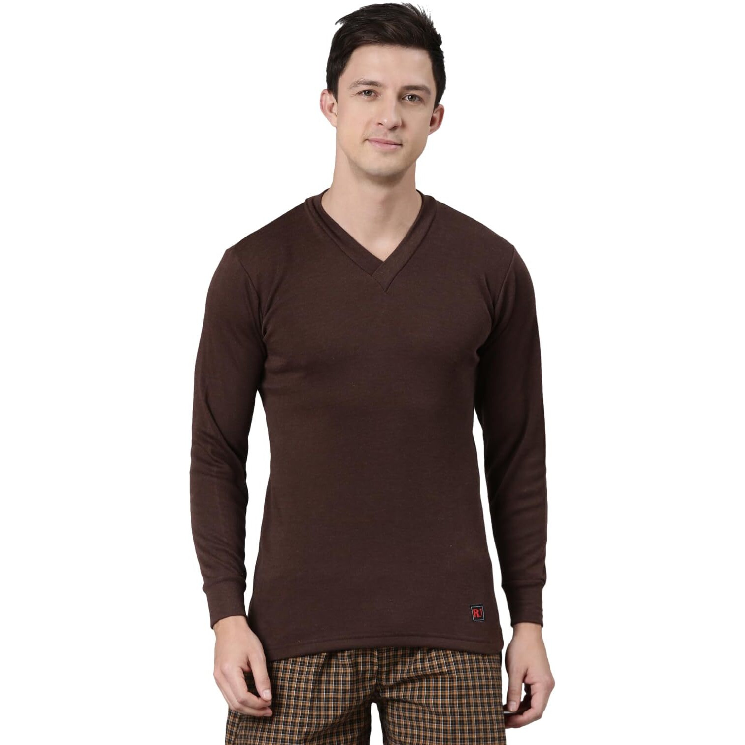 Rupa Jon Solid Thermal Top For Men, Cotton Fabric, V-Neck, Full Sleeves, Regular Fit Brown