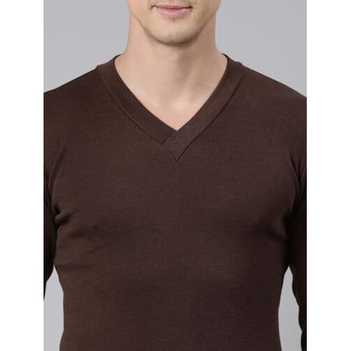 Rupa Jon Solid Thermal Top For Men, Cotton Fabric, V-Neck, Full Sleeves, Regular Fit Brown