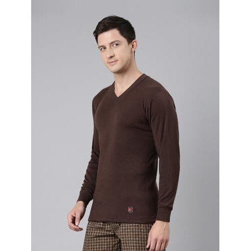 Rupa Jon Solid Thermal Top For Men, Cotton Fabric, V-Neck, Full Sleeves, Regular Fit Brown