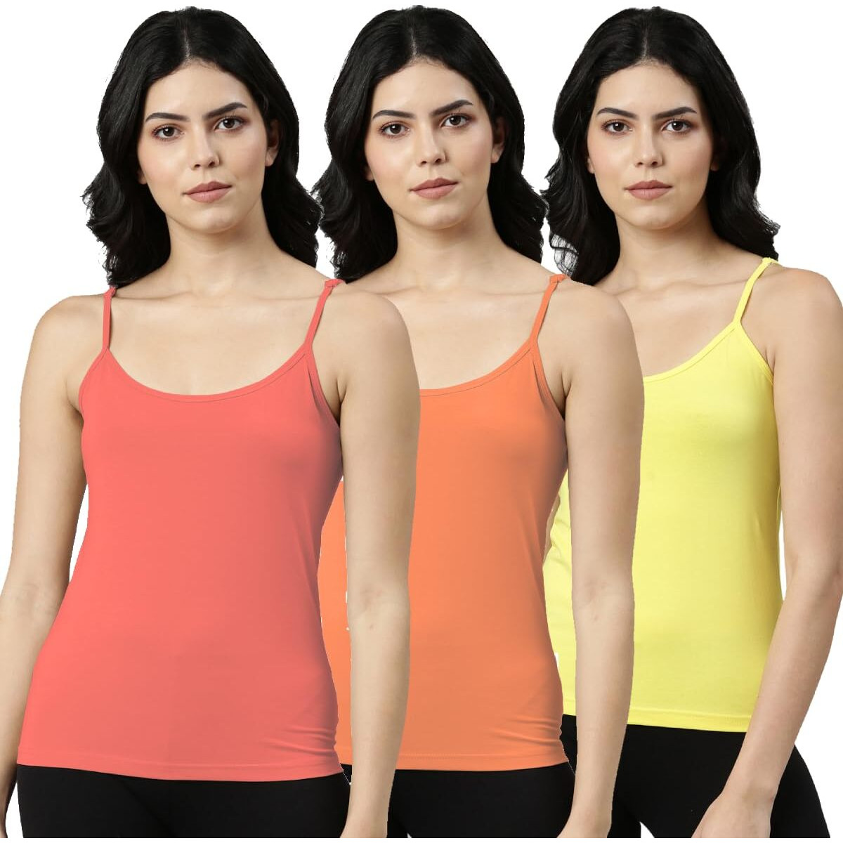Rupa Jon Solid Regular Fit Jon Premium Camisole For Women, Stretable Cotton Fabric With Adjustable Straps. Pack Of 3 (Jn Prm Cami P03_Pink, Peach, Lemon Xxl)