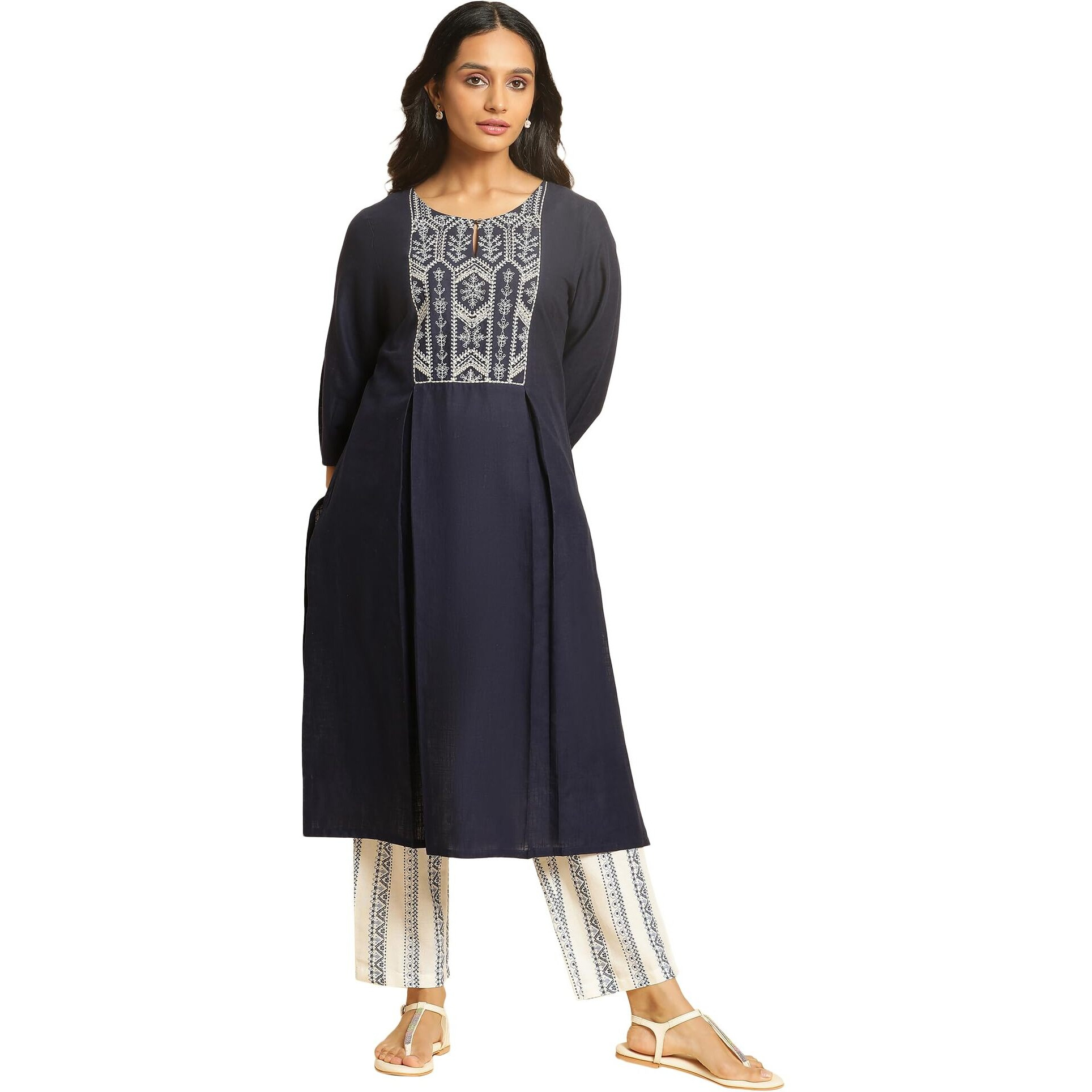 W Blue Embroidered Cotton Straight Long Dori Kurta For Women