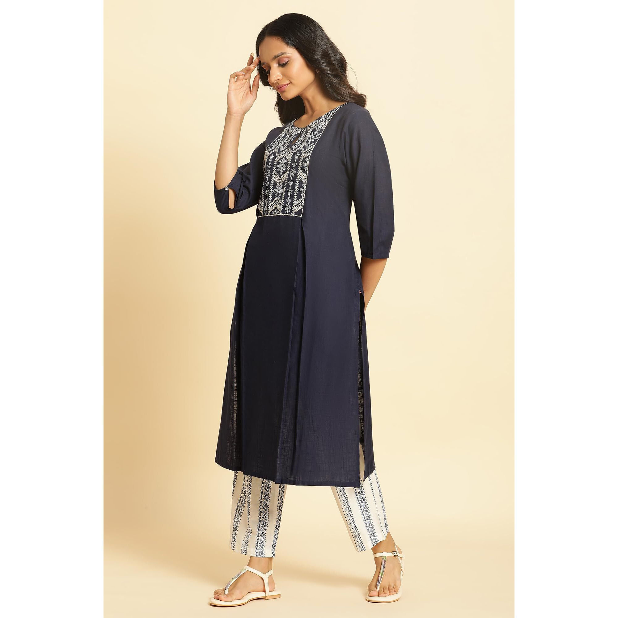 W Blue Embroidered Cotton Straight Long Dori Kurta For Women