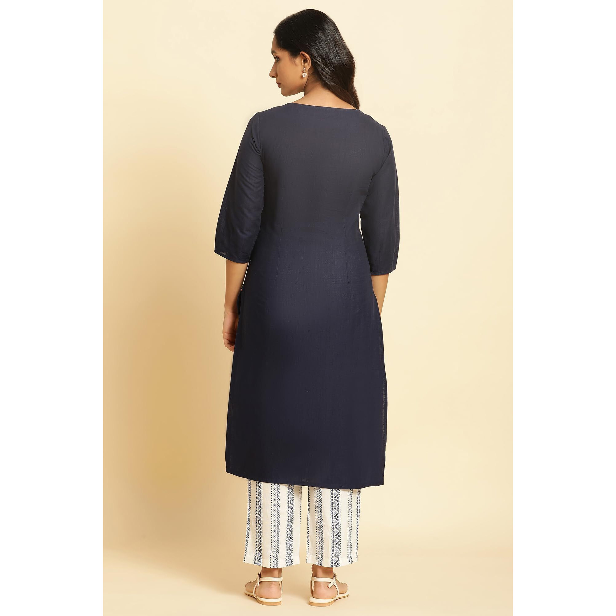 W Blue Embroidered Cotton Straight Long Dori Kurta For Women