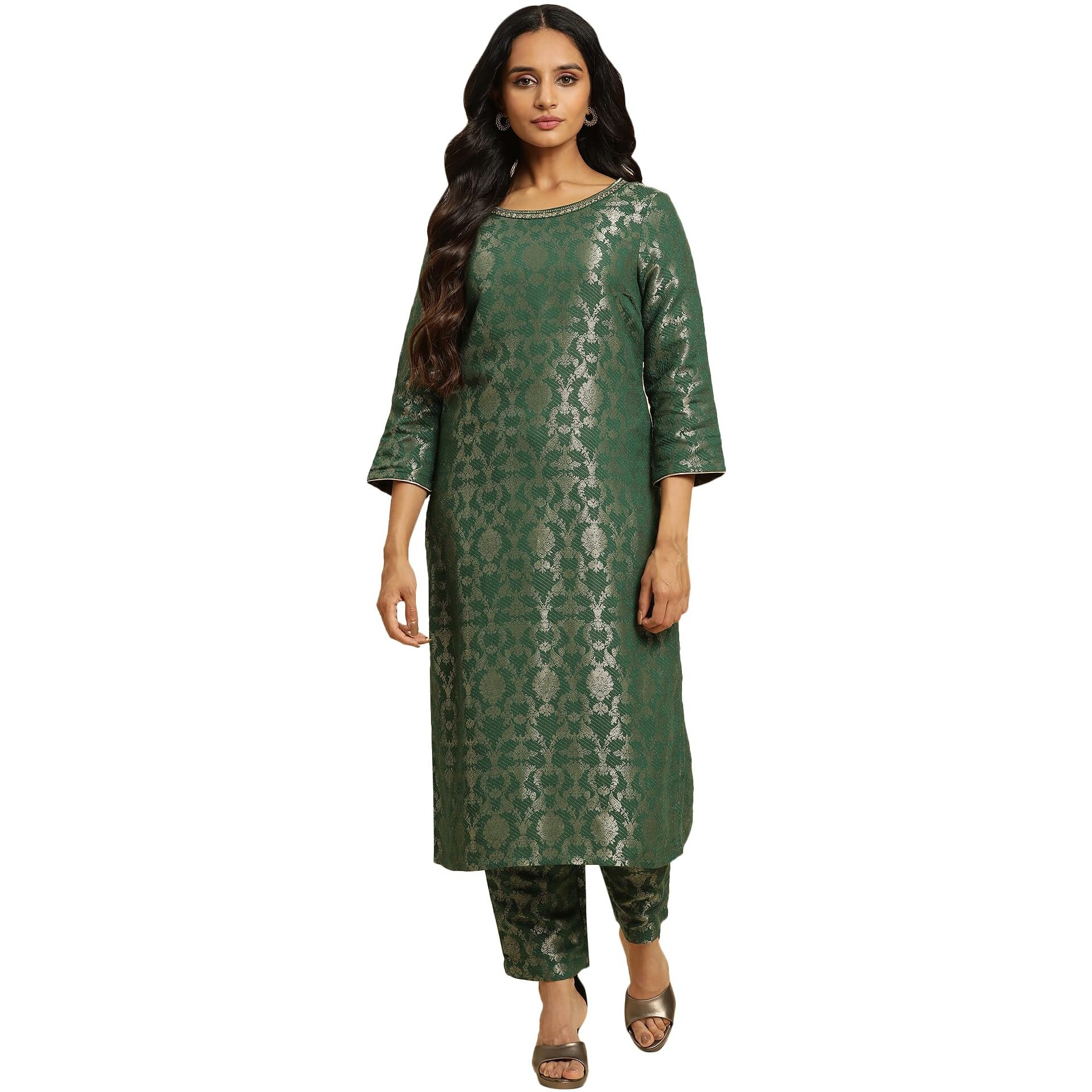 Green Rayon Jacquard Kurta And Pant Festive Set