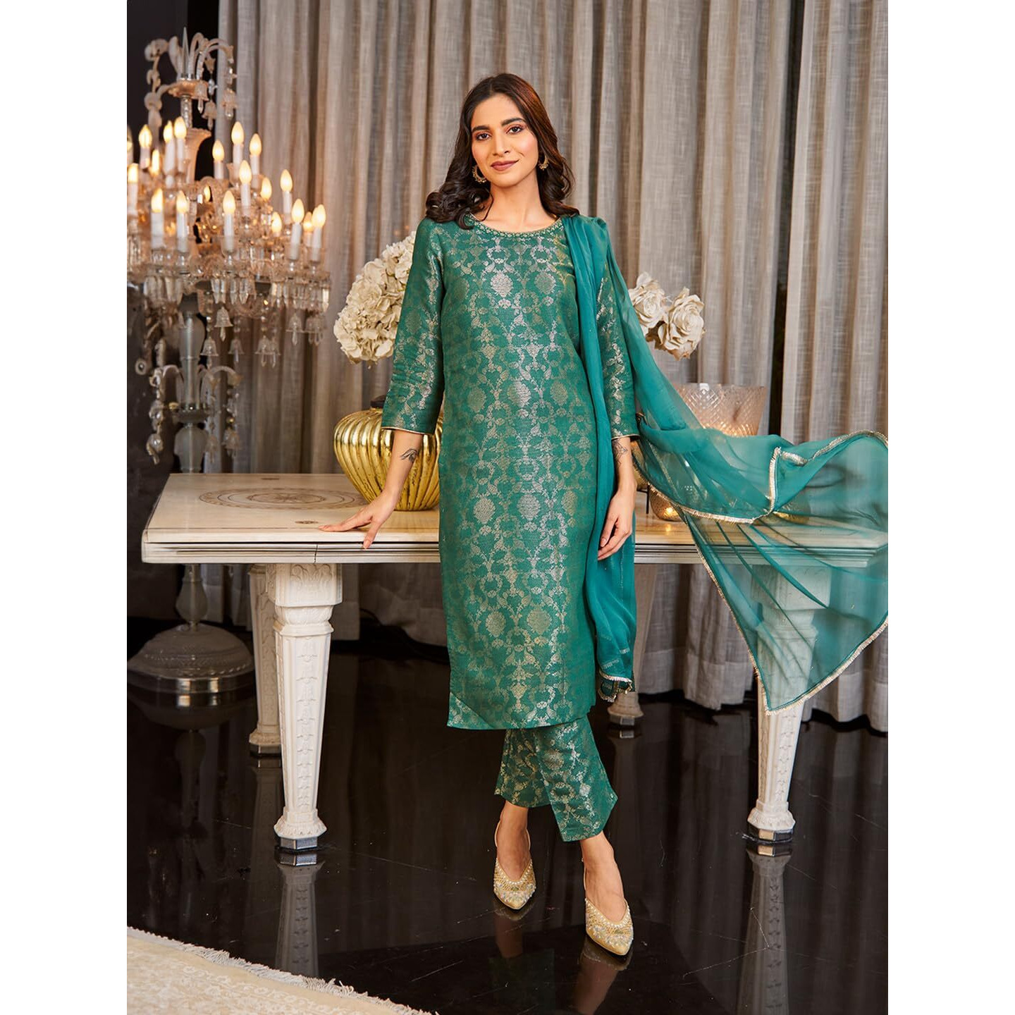 Green Rayon Jacquard Kurta And Pant Festive Set