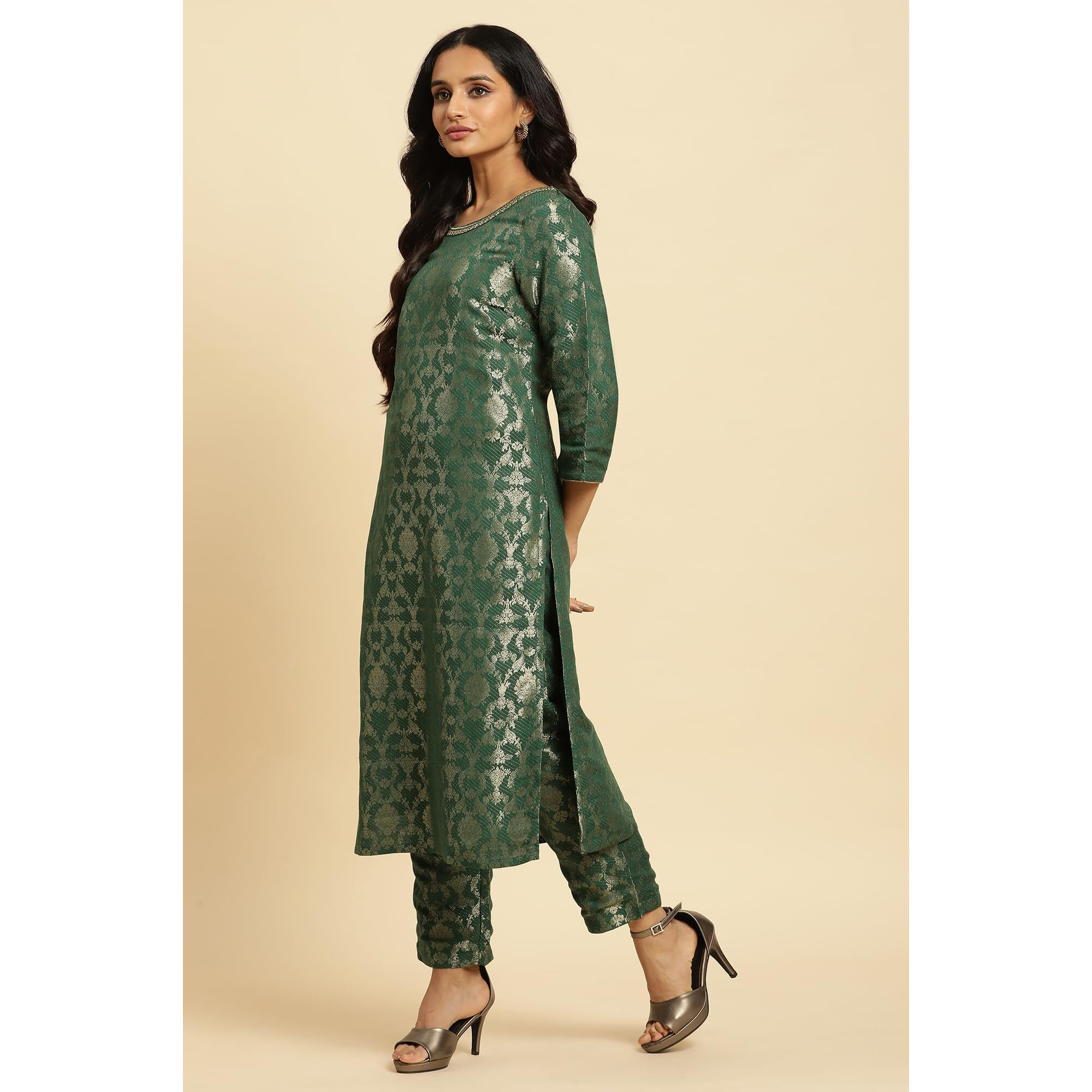 Green Rayon Jacquard Kurta And Pant Festive Set