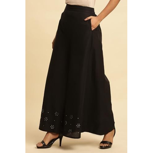 Jet Black Flared Culottes With Mirror Work (Size Xl)-24Few62856-221337