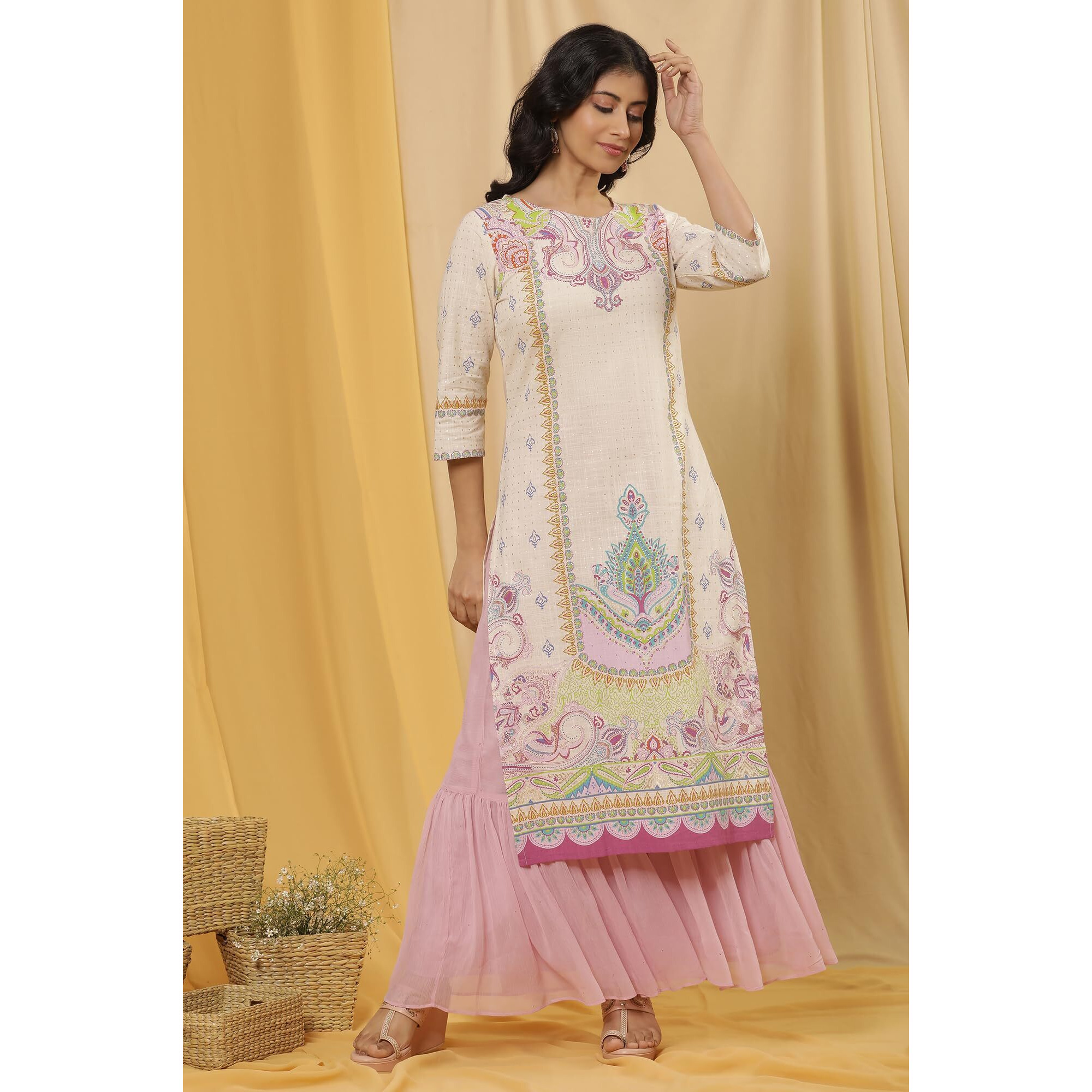 W For Woman Printed Pure Cotton Straight Kurta And Sharara Set