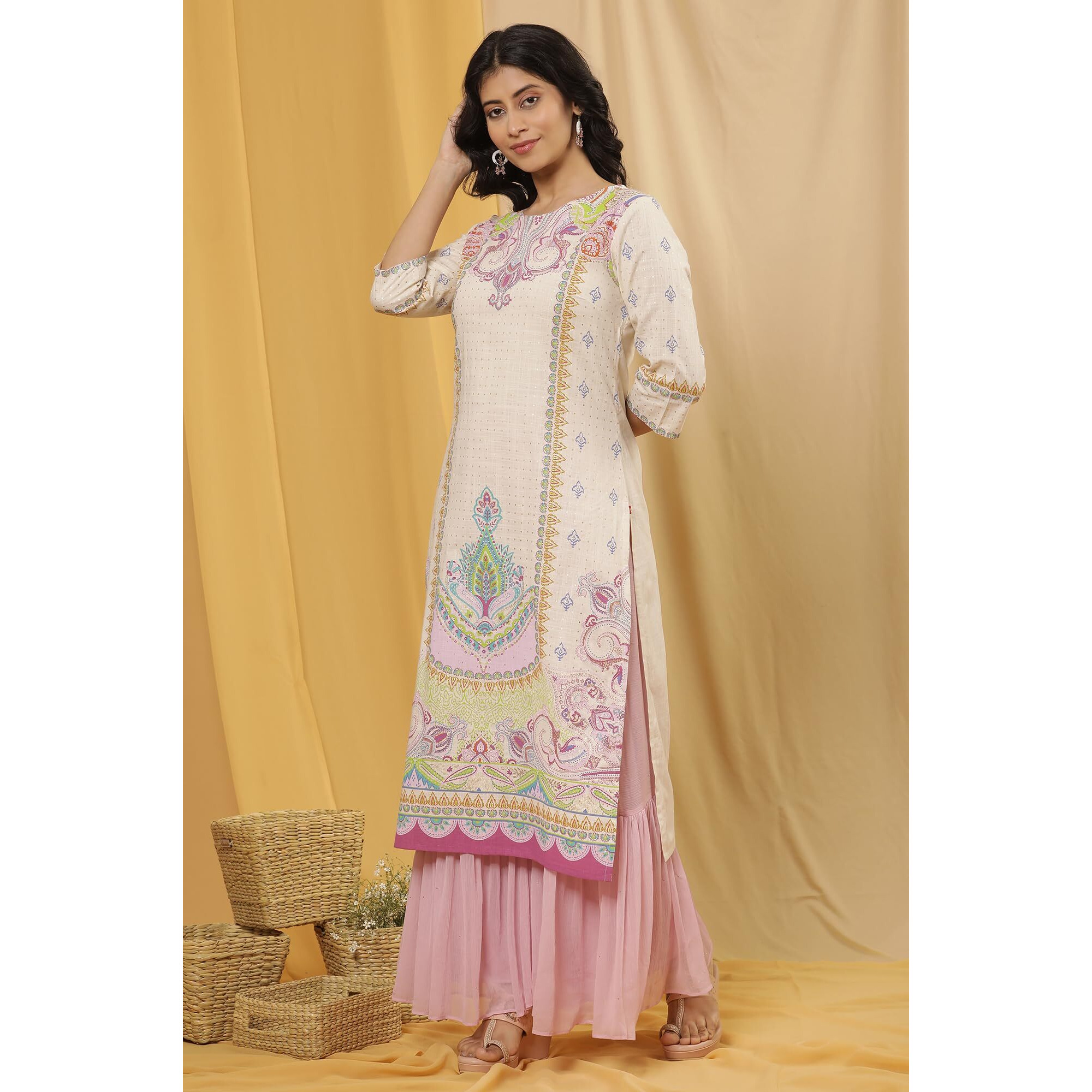 W For Woman Printed Pure Cotton Straight Kurta And Sharara Set