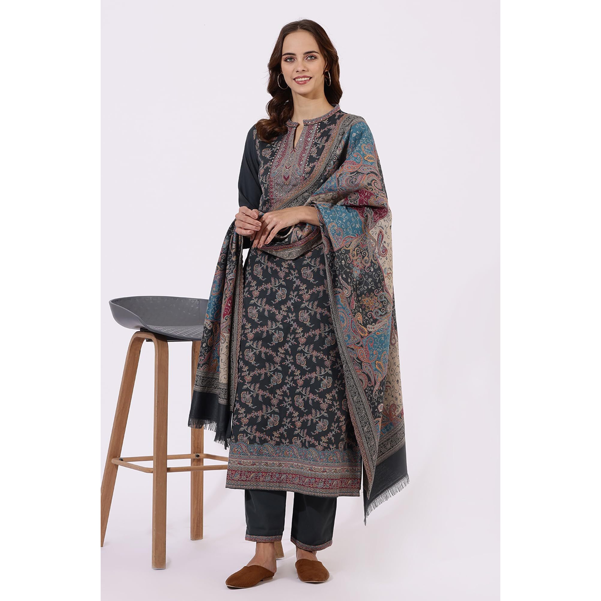 W Grey Straight Kurta, Straight Pant & Dupatta For Women (Size L)-24Nows11943-314081