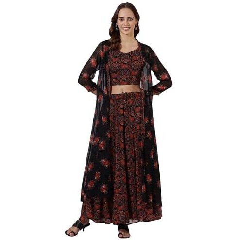 W Black Floral Printed Flared Gillet, Crop Top & Flared Pant For Women (Size L)-24Auws12582-124629A