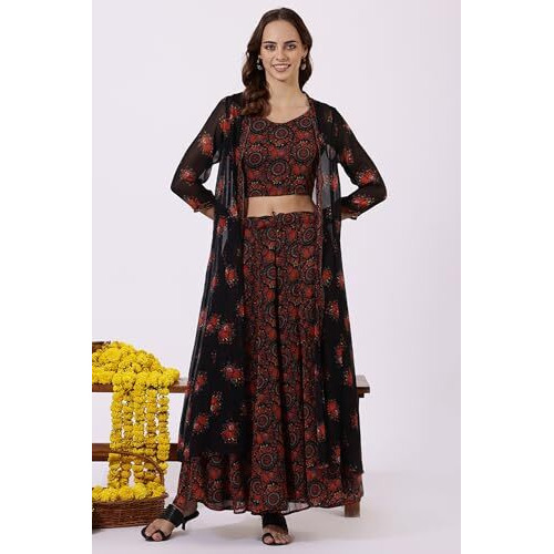 W Black Floral Printed Flared Gillet, Crop Top & Flared Pant For Women (Size L)-24Auws12582-124629A